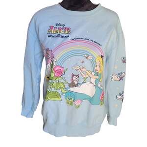 Disney Alice In Wonderland Blue Embroidered Sweatshirt Women's Size L Fleece